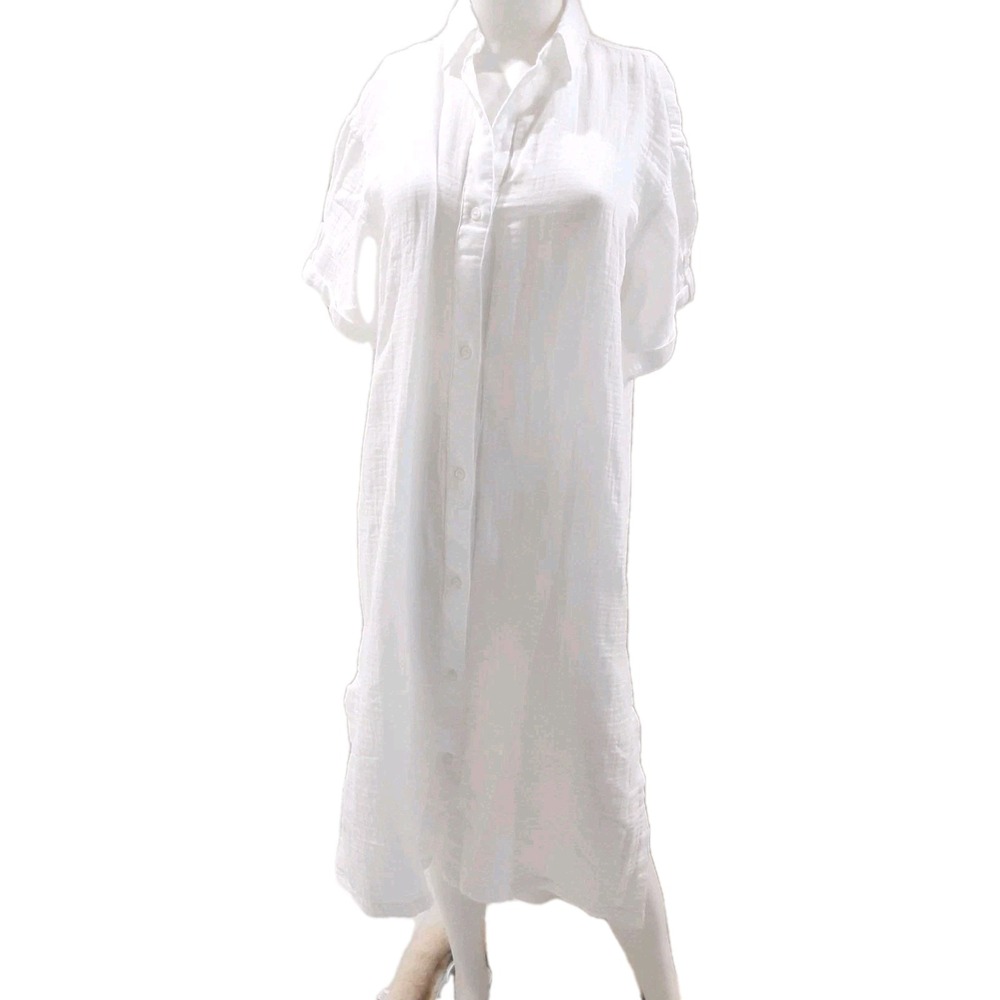 LL Bean Womens shirt Dress White Cloud Gauze Cover Up MidI Size XS Short Sleeve